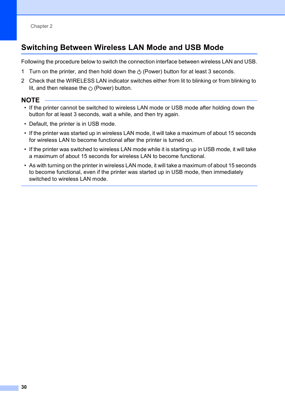 Switching between wireless lan mode and usb mode | Brother PocketJet PJ-673 w WLAN User Manual | Page 34 / 75