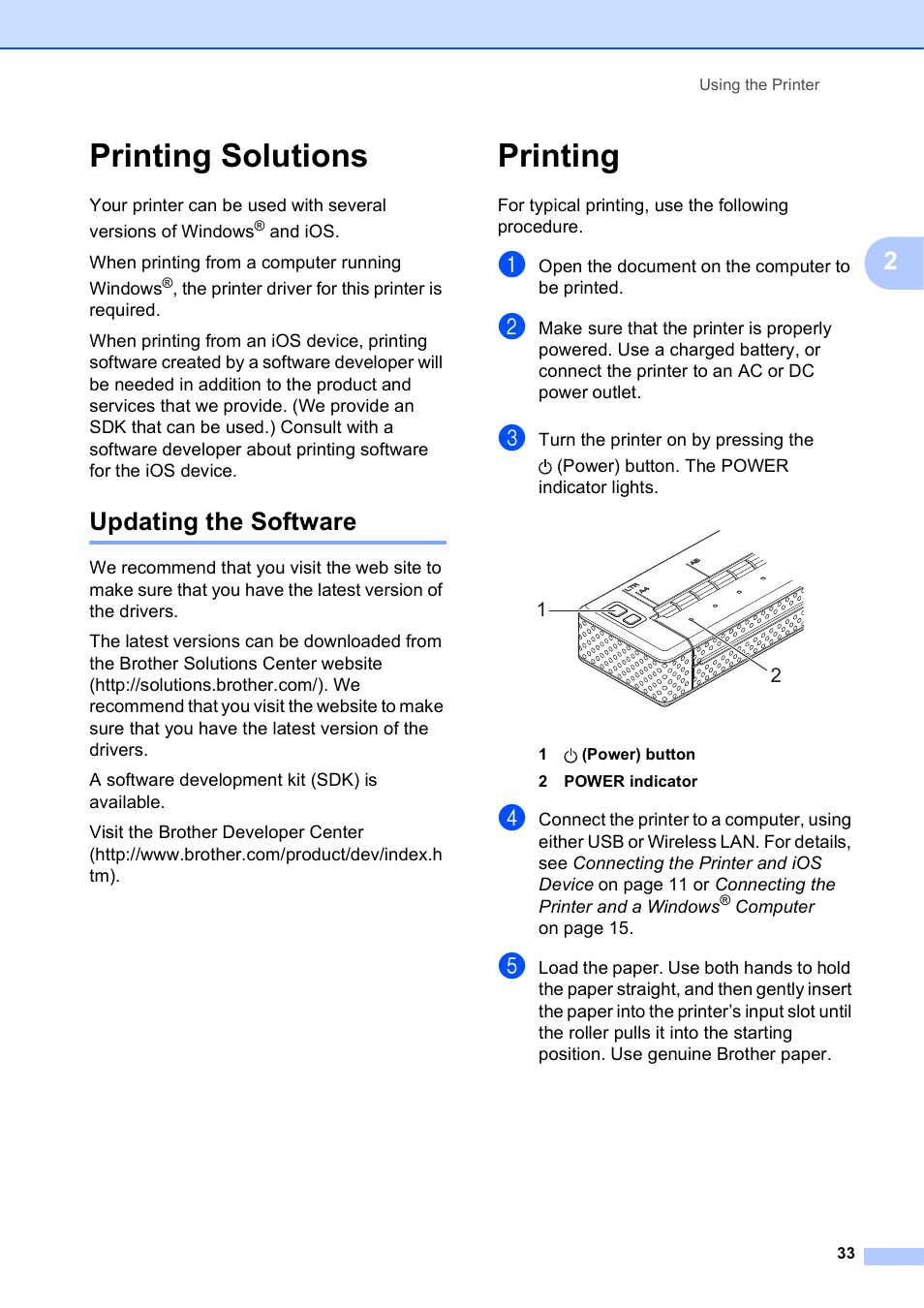 Printing solutions, Updating the software, Printing | Brother PocketJet PJ-673 w WLAN User Manual | Page 37 / 75