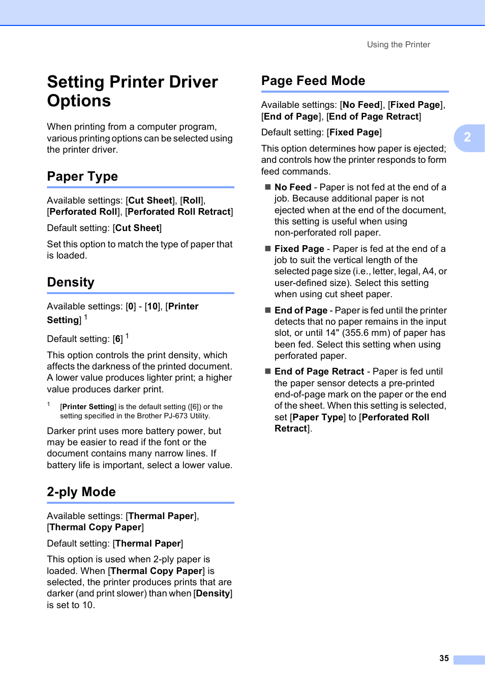 Setting printer driver options, Paper type, Density | Ply mode, Page feed mode | Brother PocketJet PJ-673 w WLAN User Manual | Page 39 / 75