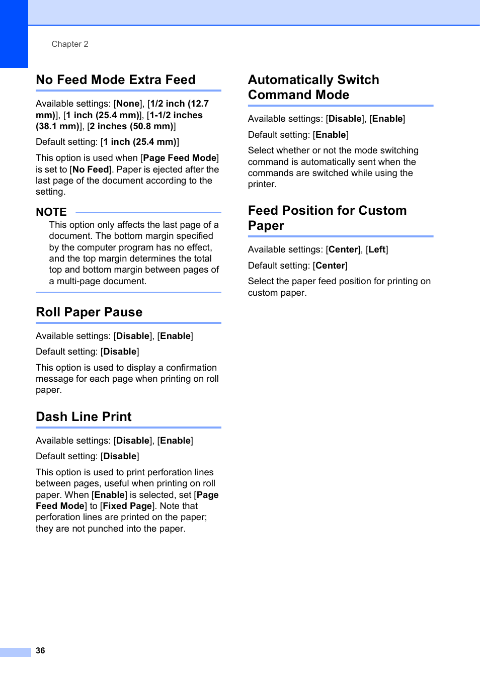No feed mode extra feed, Roll paper pause, Dash line print | Automatically switch command mode, Feed position for custom paper | Brother PocketJet PJ-673 w WLAN User Manual | Page 40 / 75