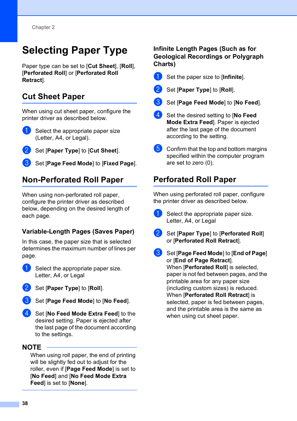 Selecting paper type, Cut sheet paper, Non-perforated roll paper | Perforated roll paper | Brother PocketJet PJ-673 w WLAN User Manual | Page 42 / 75