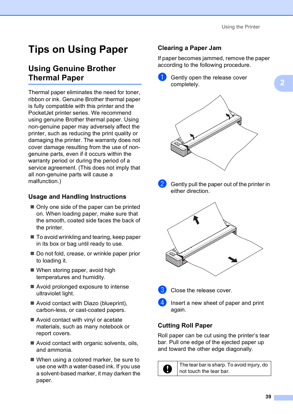 Tips on using paper, Using genuine brother thermal paper, Usage and handling instructions | Clearing a paper jam, Cutting roll paper | Brother PocketJet PJ-673 w WLAN User Manual | Page 43 / 75