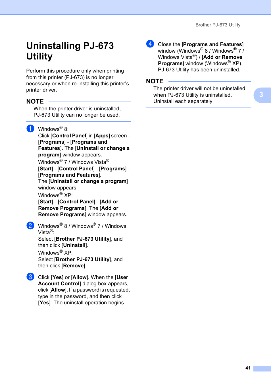 Uninstalling pj-673 utility | Brother PocketJet PJ-673 w WLAN User Manual | Page 45 / 75