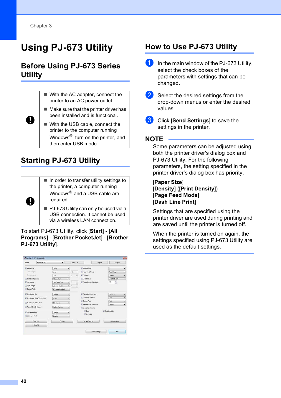 Using pj-673 utility, Before using pj-673 series utility, Starting pj-673 utility | How to use pj-673 utility | Brother PocketJet PJ-673 w WLAN User Manual | Page 46 / 75
