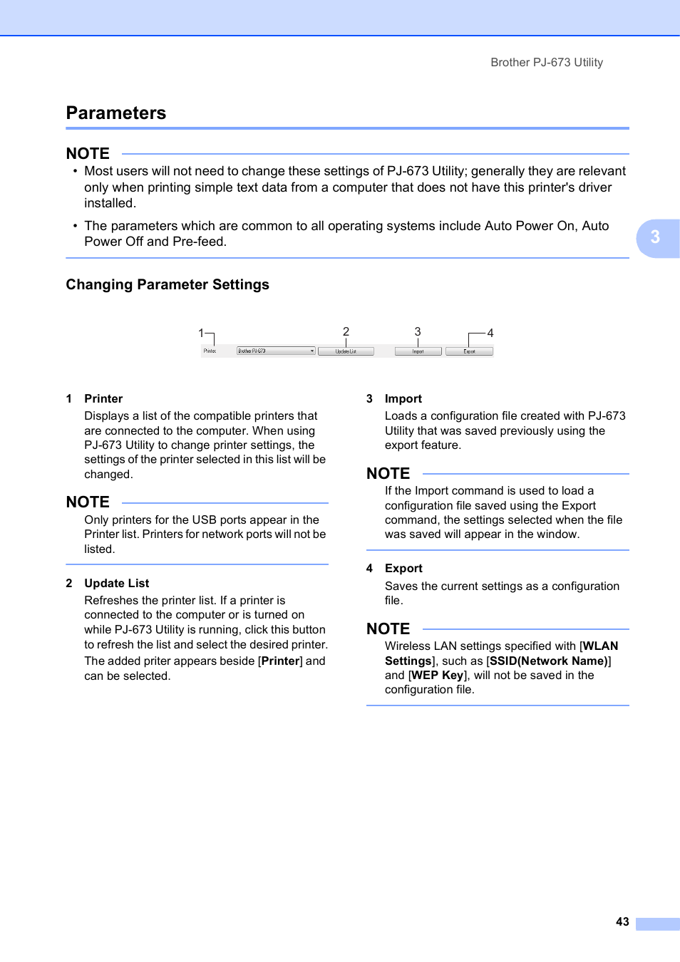 Parameters, Changing parameter settings, 3parameters | Brother PocketJet PJ-673 w WLAN User Manual | Page 47 / 75
