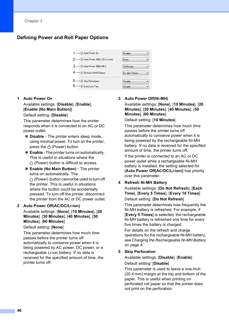 Defining power and roll paper options | Brother PocketJet PJ-673 w WLAN User Manual | Page 50 / 75
