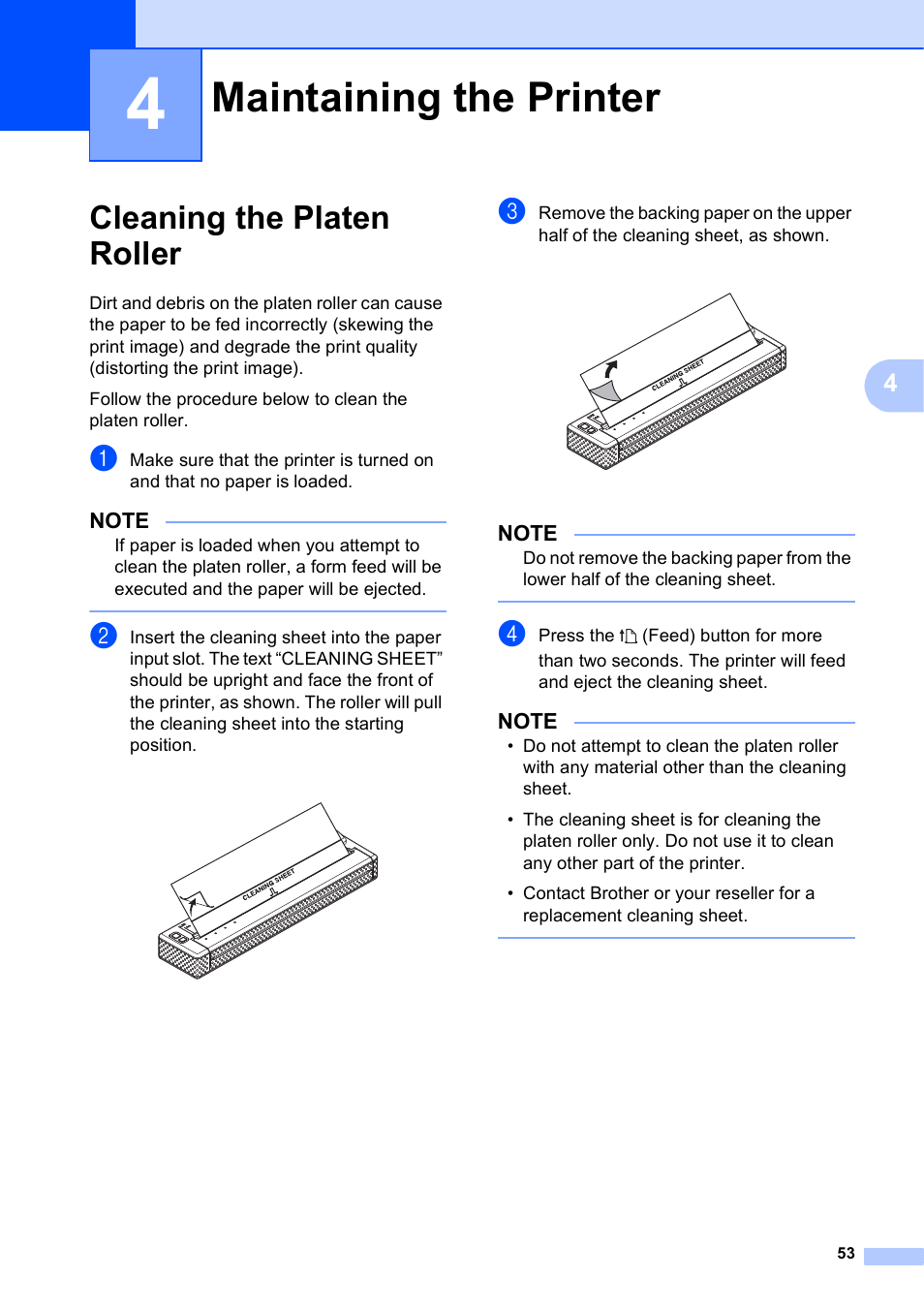 4 maintaining the printer, Cleaning the platen roller, Maintaining the printer | Brother PocketJet PJ-673 w WLAN User Manual | Page 57 / 75