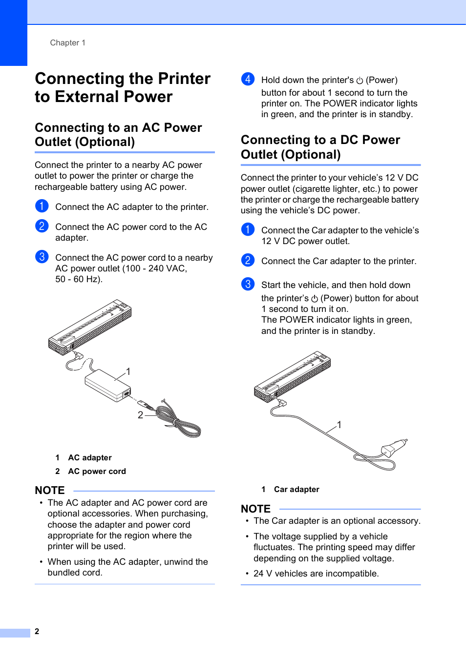 Connecting the printer to external power, Connecting to an ac power outlet (optional), Connecting to a dc power outlet (optional) | Brother PocketJet PJ-673 w WLAN User Manual | Page 6 / 75