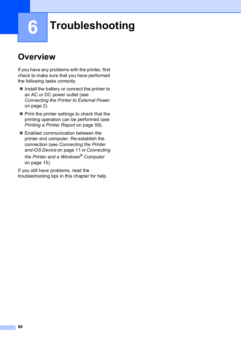 6 troubleshooting, Overview, Troubleshooting | Brother PocketJet PJ-673 w WLAN User Manual | Page 64 / 75