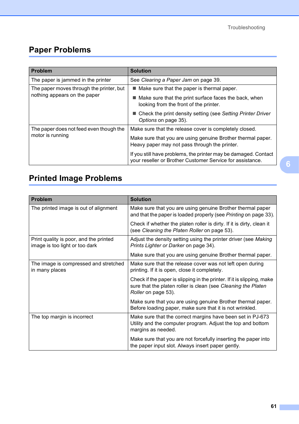 Paper problems, Printed image problems, Paper problems printed image problems | 6paper problems | Brother PocketJet PJ-673 w WLAN User Manual | Page 65 / 75