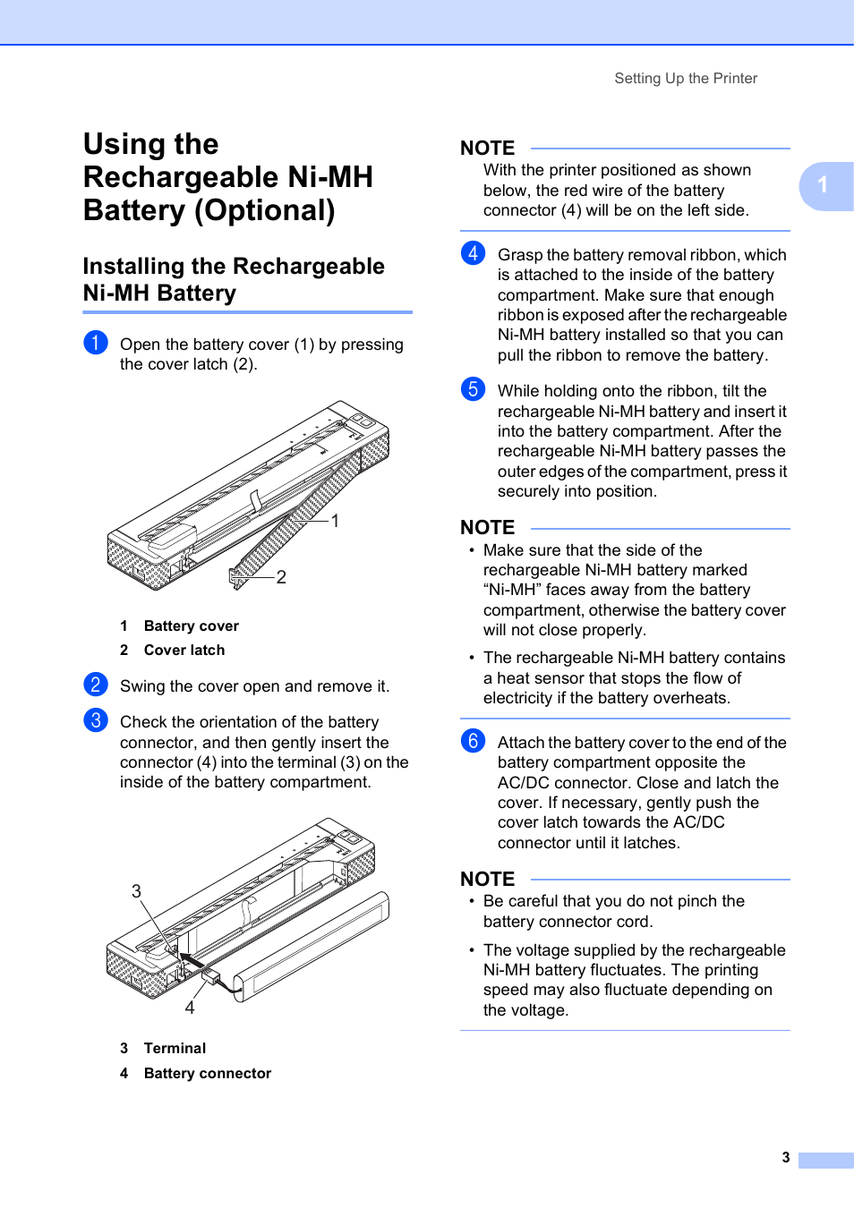 Using the rechargeable ni-mh battery (optional), Installing the rechargeable ni-mh battery | Brother PocketJet PJ-673 w WLAN User Manual | Page 7 / 75