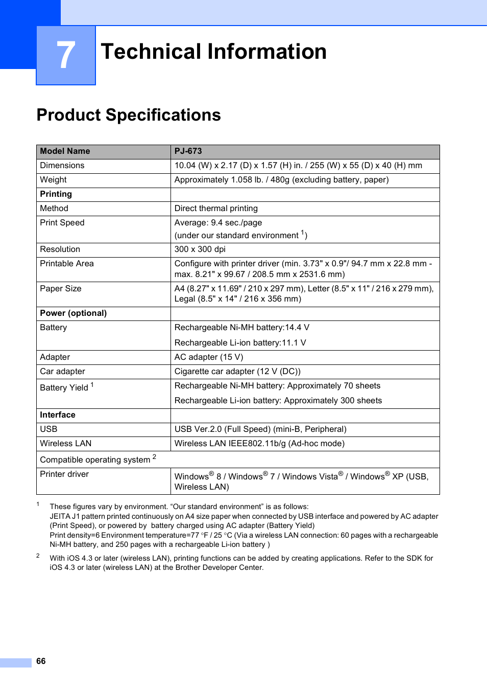 7 technical information, Product specifications, Technical information | Brother PocketJet PJ-673 w WLAN User Manual | Page 70 / 75