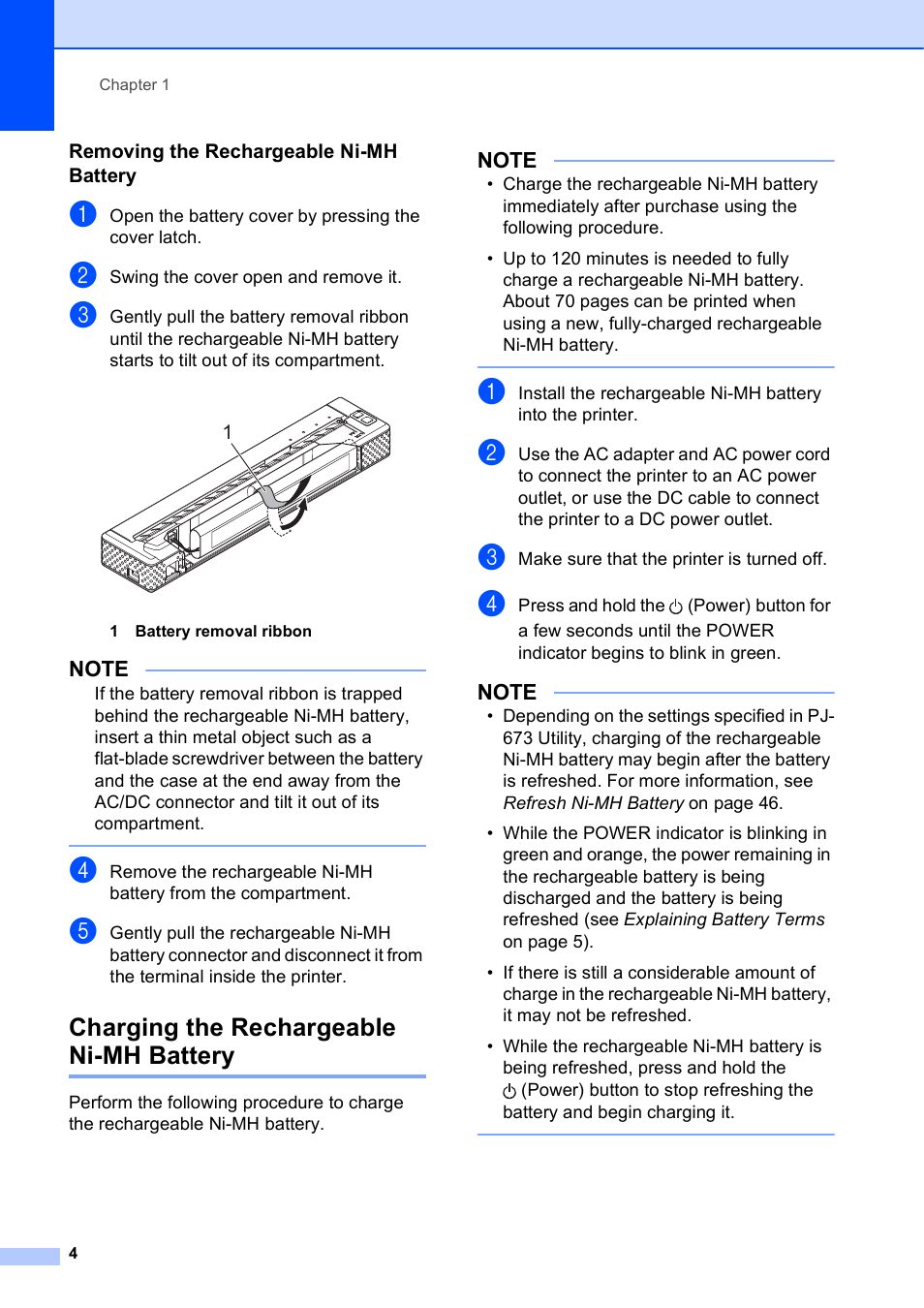 Removing the rechargeable ni-mh battery, Charging the rechargeable ni-mh battery | Brother PocketJet PJ-673 w WLAN User Manual | Page 8 / 75