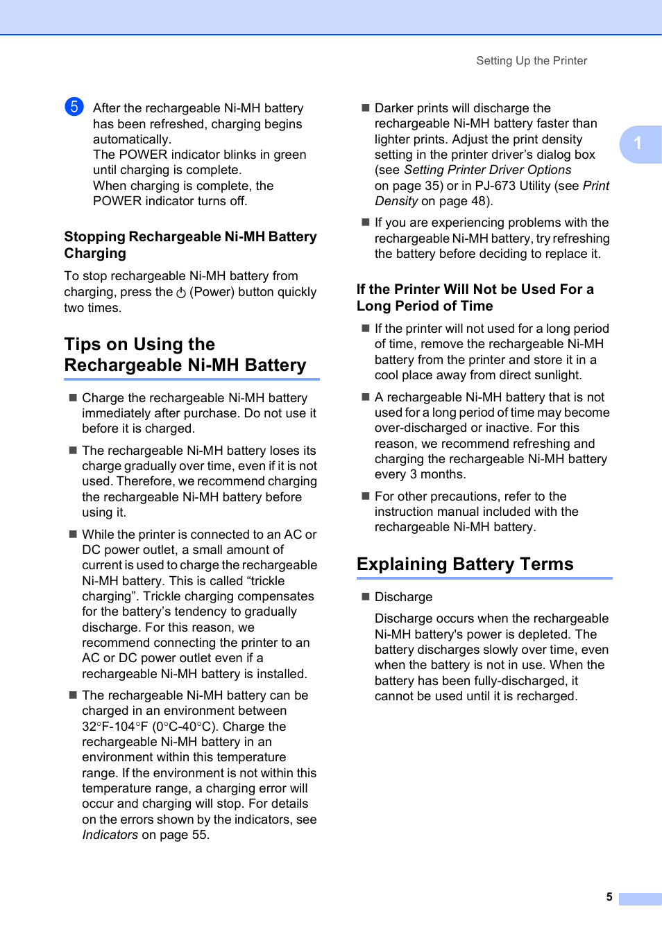 Stopping rechargeable ni-mh battery charging, Tips on using the rechargeable ni-mh battery, Explaining battery terms | Brother PocketJet PJ-673 w WLAN User Manual | Page 9 / 75