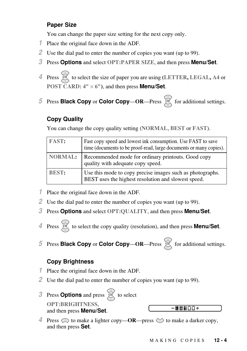Paper size, Copy quality, Copy brightness | Paper size -4 copy quality -4 copy brightness -4 | Brother FAX-1800C User Manual | Page 101 / 144
