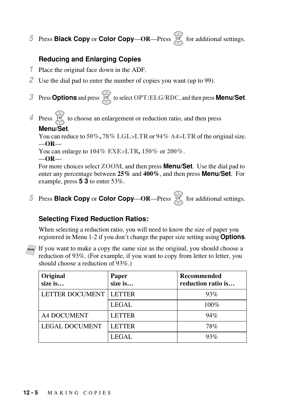 Reducing and enlarging copies, Selecting fixed reduction ratios | Brother FAX-1800C User Manual | Page 102 / 144