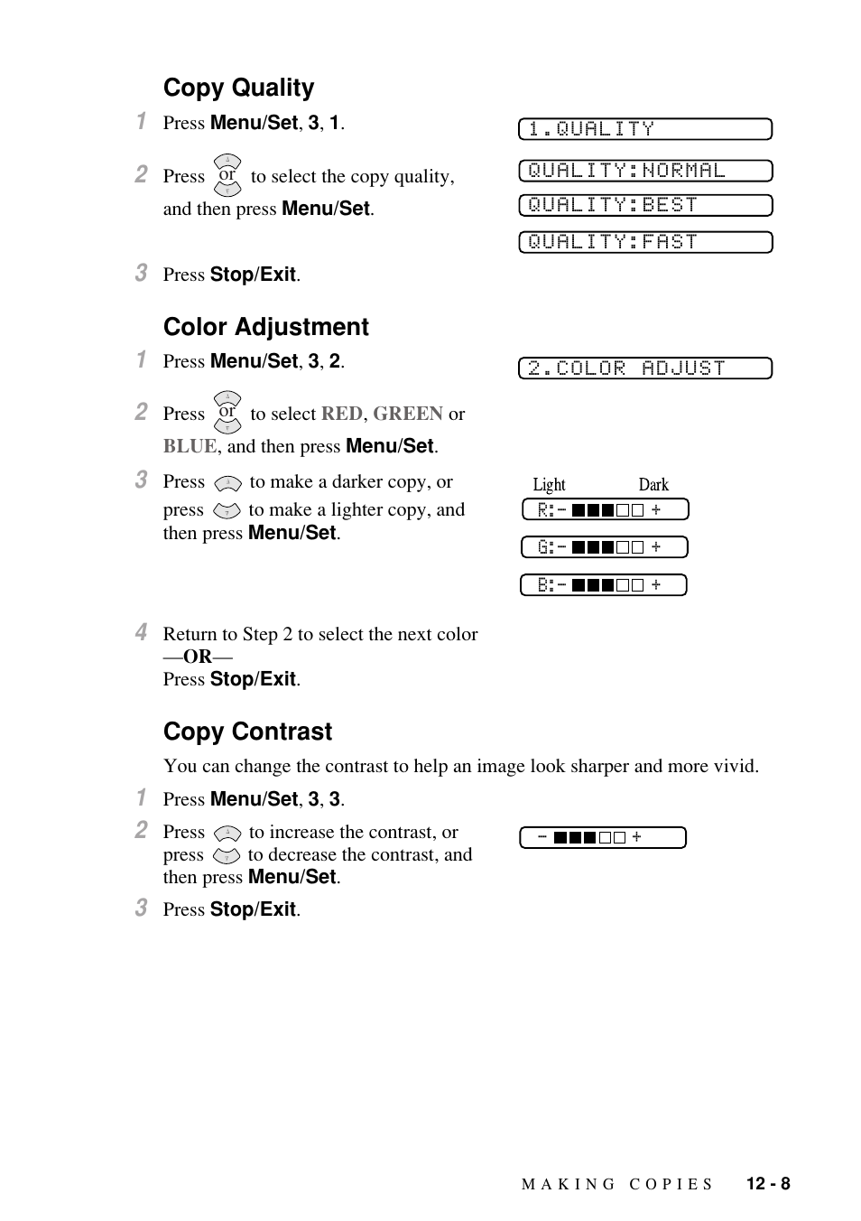 Copy quality, Color adjustment, Copy contrast | Copy quality 1, Color adjustment 1 | Brother FAX-1800C User Manual | Page 105 / 144