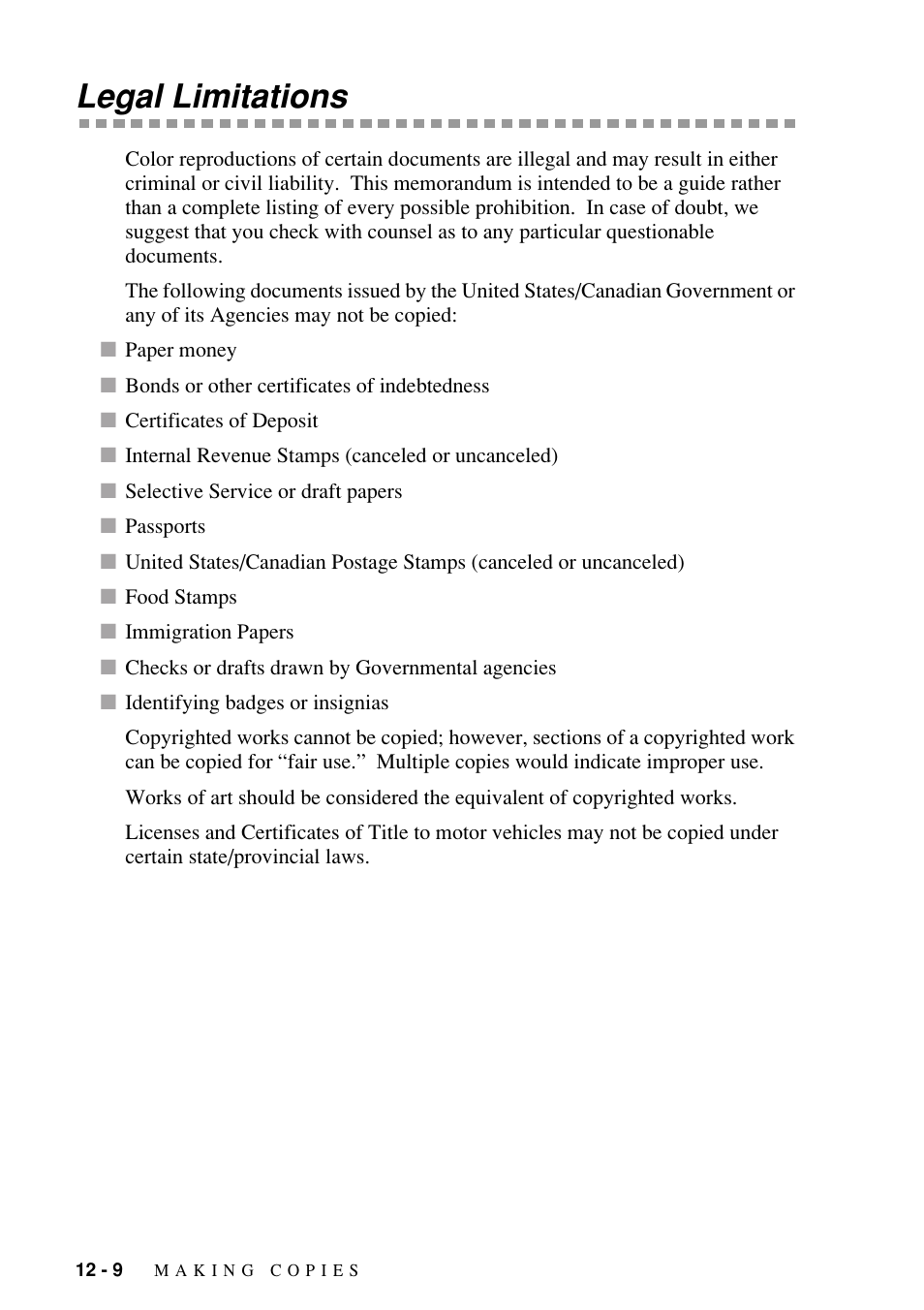 Legal limitations, Legal limitations -9 | Brother FAX-1800C User Manual | Page 106 / 144