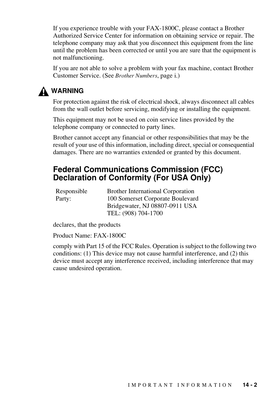 Federal communications commission (fcc), Declaration of conformity (for usa only) -2 | Brother FAX-1800C User Manual | Page 109 / 144