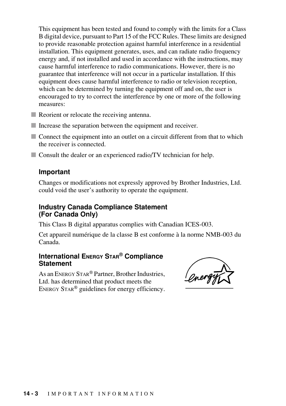 Important, International energy star® compliance statement, Important -3 industry canada compliance statement | For canada only) -3, International energy star, Compliance statement -3 | Brother FAX-1800C User Manual | Page 110 / 144