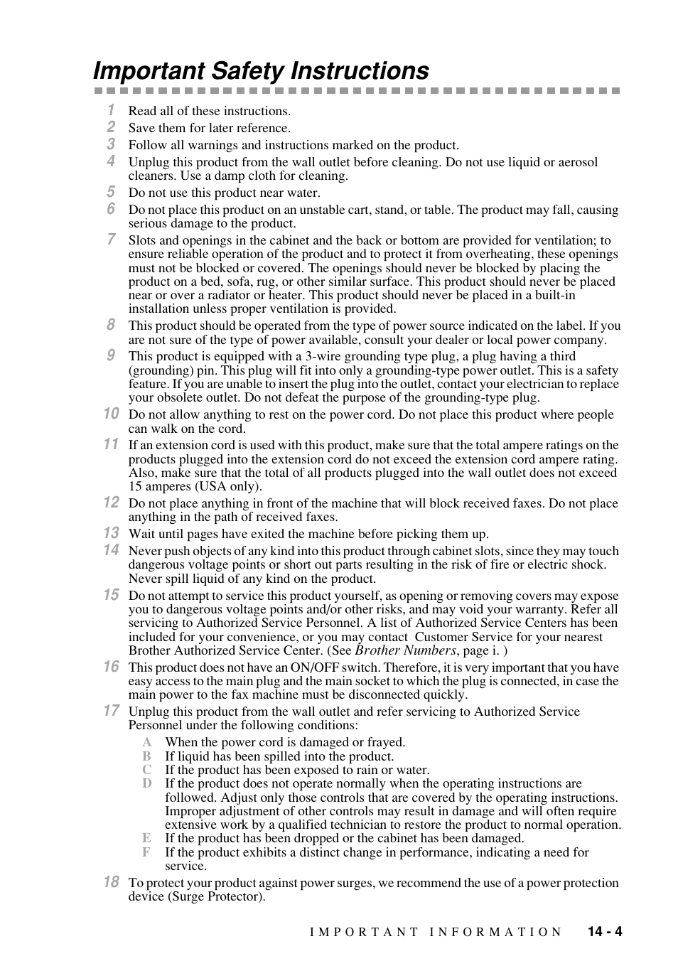 Important safety instructions, Important safety instructions -4 | Brother FAX-1800C User Manual | Page 111 / 144