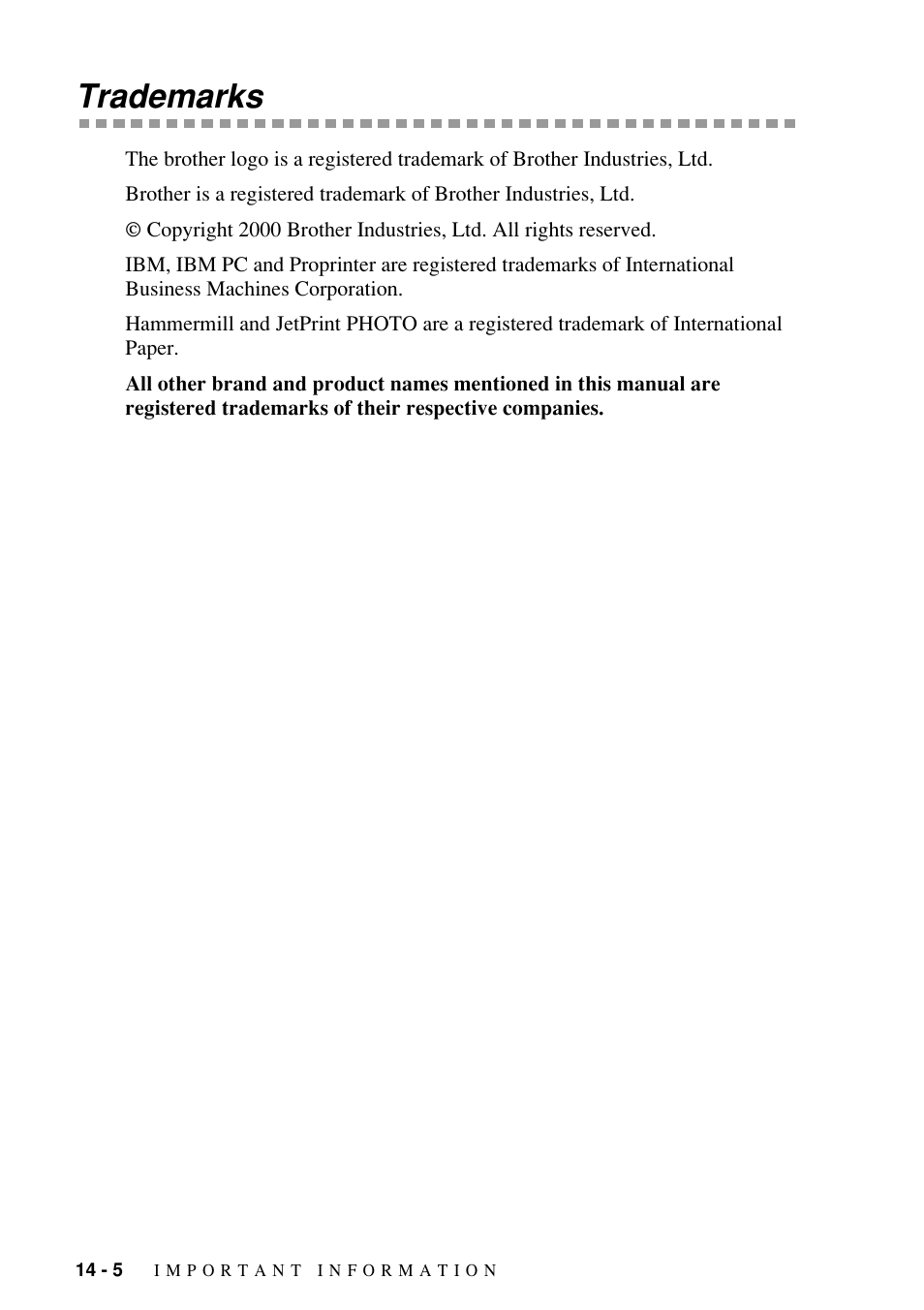 Trademarks, Trademarks -5 | Brother FAX-1800C User Manual | Page 112 / 144