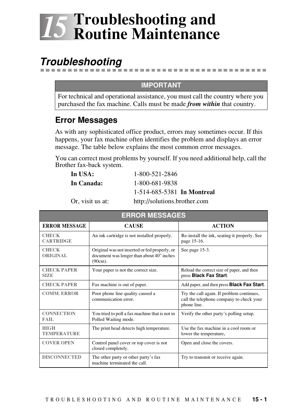 15 troubleshooting and routine maintenance, Troubleshooting, Error messages | Troubleshooting and routine maintenance -1, Troubleshooting -1, Error messages -1, Troubleshooting and routine maintenance | Brother FAX-1800C User Manual | Page 113 / 144