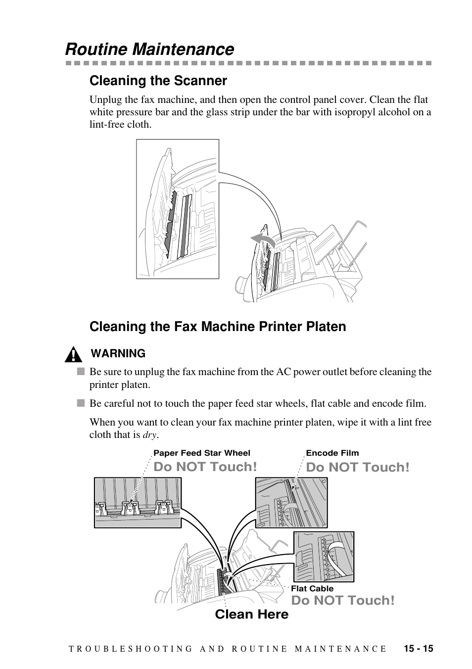Routine maintenance, Cleaning the scanner, Cleaning the fax machine printer platen | Routine maintenance -15 | Brother FAX-1800C User Manual | Page 127 / 144