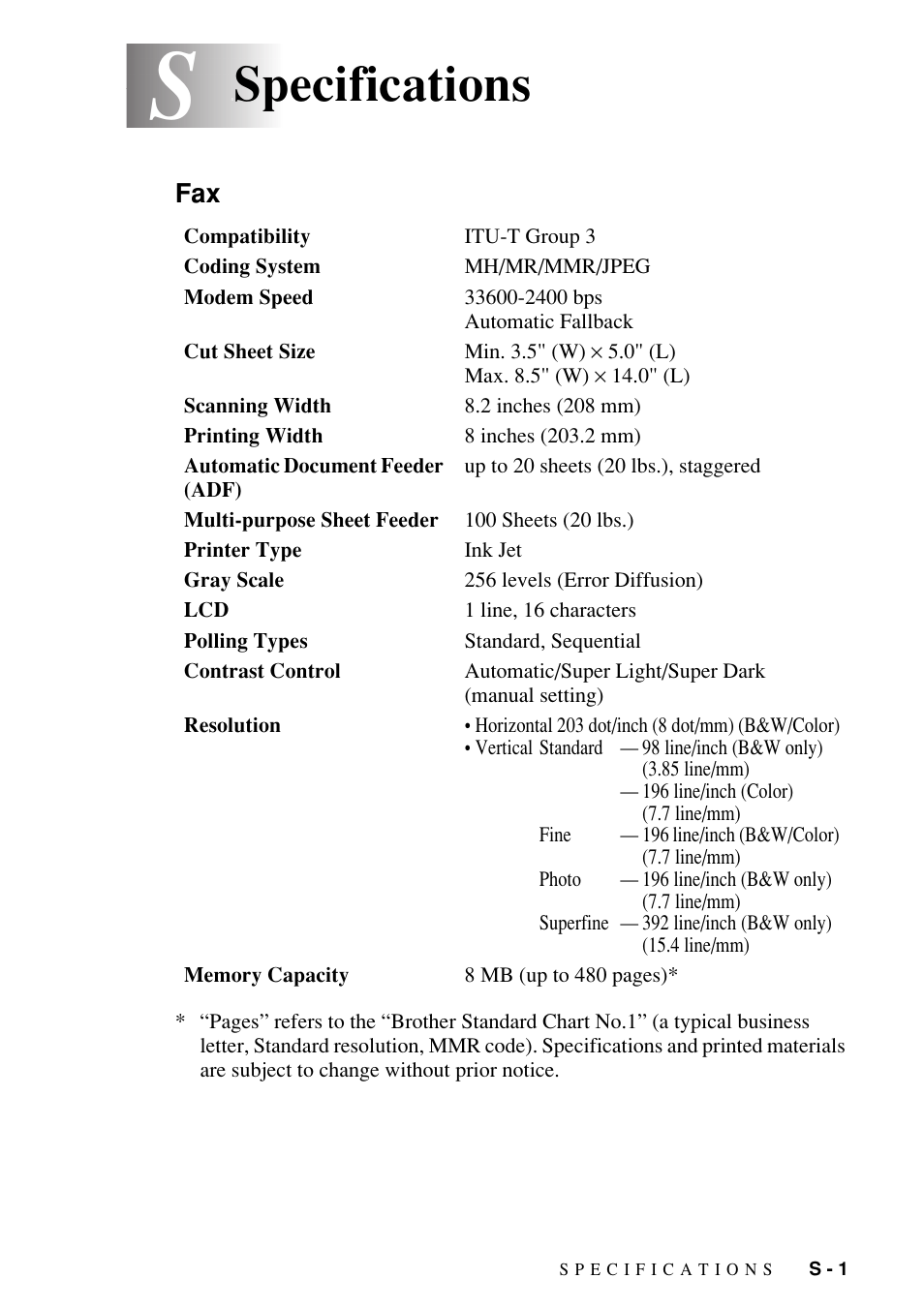 Specifications | Brother FAX-1800C User Manual | Page 131 / 144