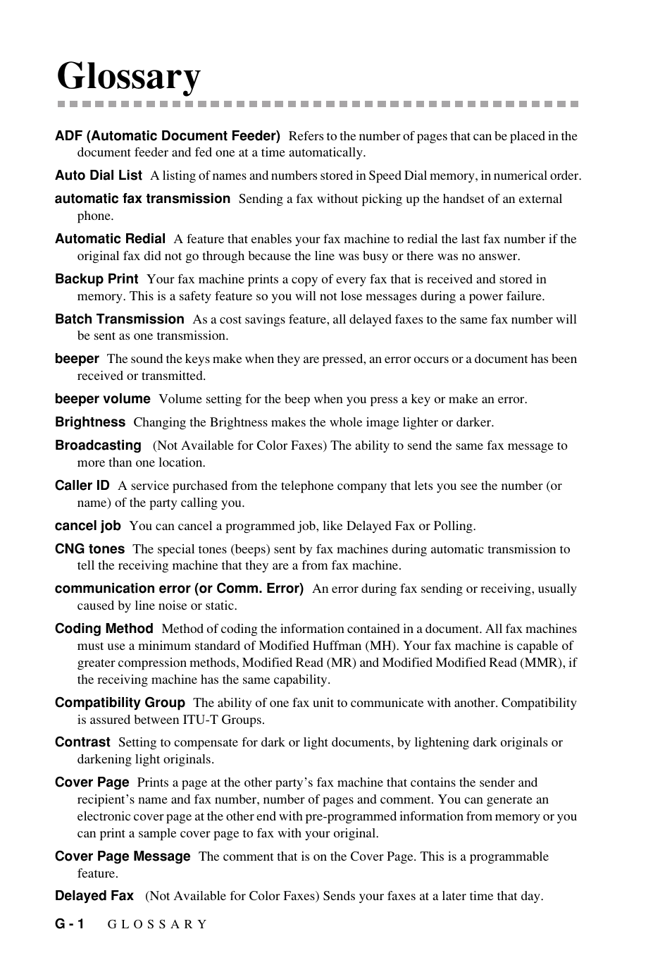 Glossary | Brother FAX-1800C User Manual | Page 134 / 144