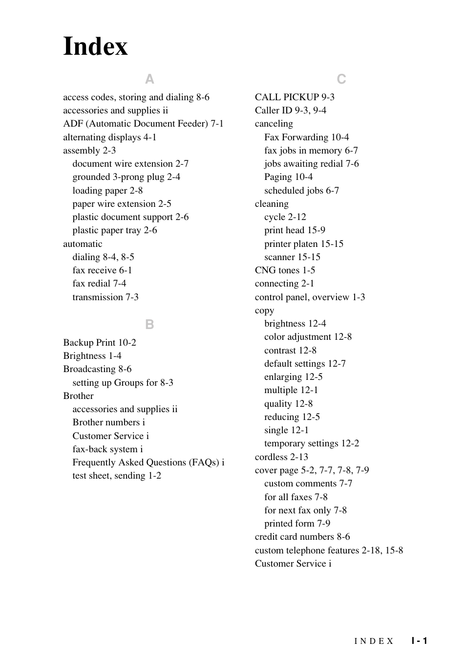 Index | Brother FAX-1800C User Manual | Page 137 / 144