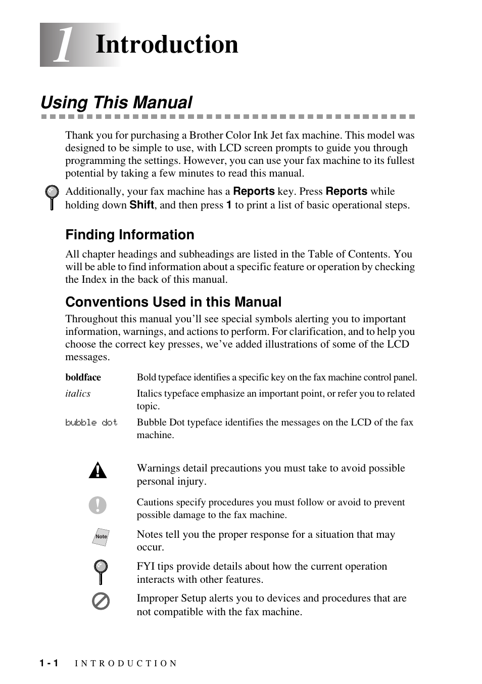 1 introduction, Using this manual, Finding information | Conventions used in this manual, Introduction -1, Using this manual -1, Introduction | Brother FAX-1800C User Manual | Page 18 / 144