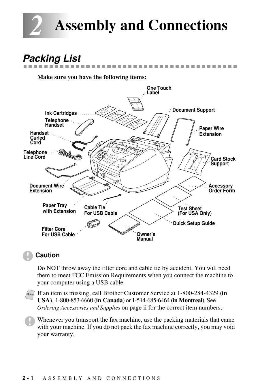 2 assembly and connections, Packing list, Assembly and connections -1 | Packing list -1, Assembly and connections | Brother FAX-1800C User Manual | Page 24 / 144