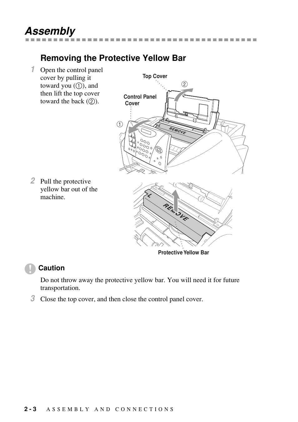 Assembly, Removing the protective yellow bar, Assembly -3 | Removing the protective yellow bar -3, Removing the protective yellow bar 1 | Brother FAX-1800C User Manual | Page 26 / 144