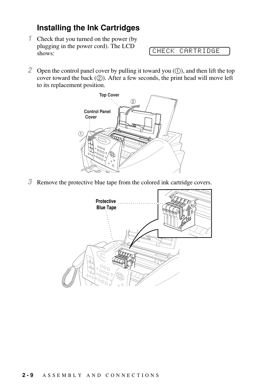 Installing the ink cartridges, Installing the ink cartridges -9, Installing the ink cartridges 1 | Brother FAX-1800C User Manual | Page 32 / 144