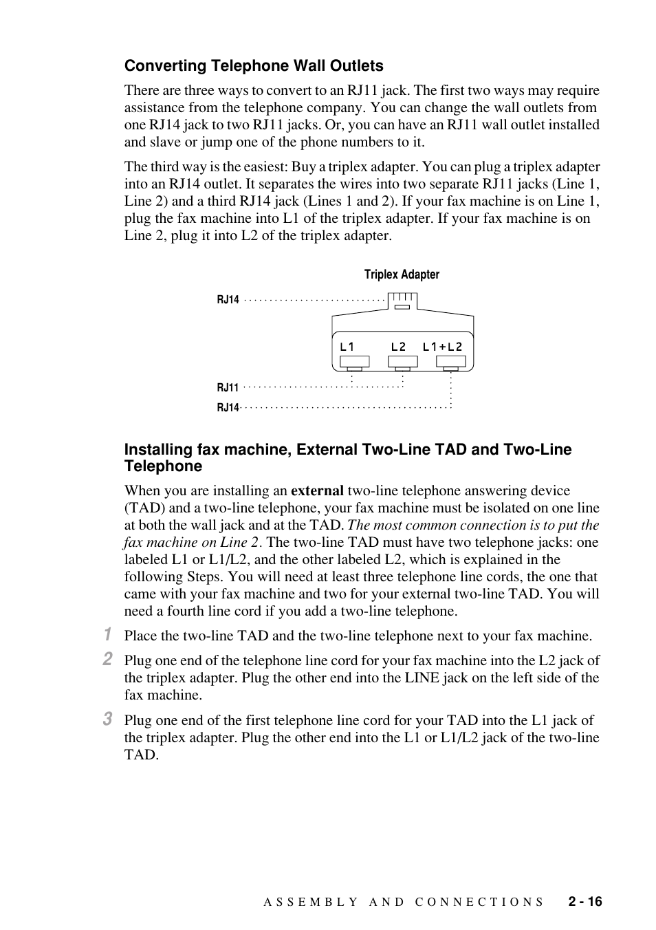 Converting telephone wall outlets, Two-line telephone -16 | Brother FAX-1800C User Manual | Page 39 / 144