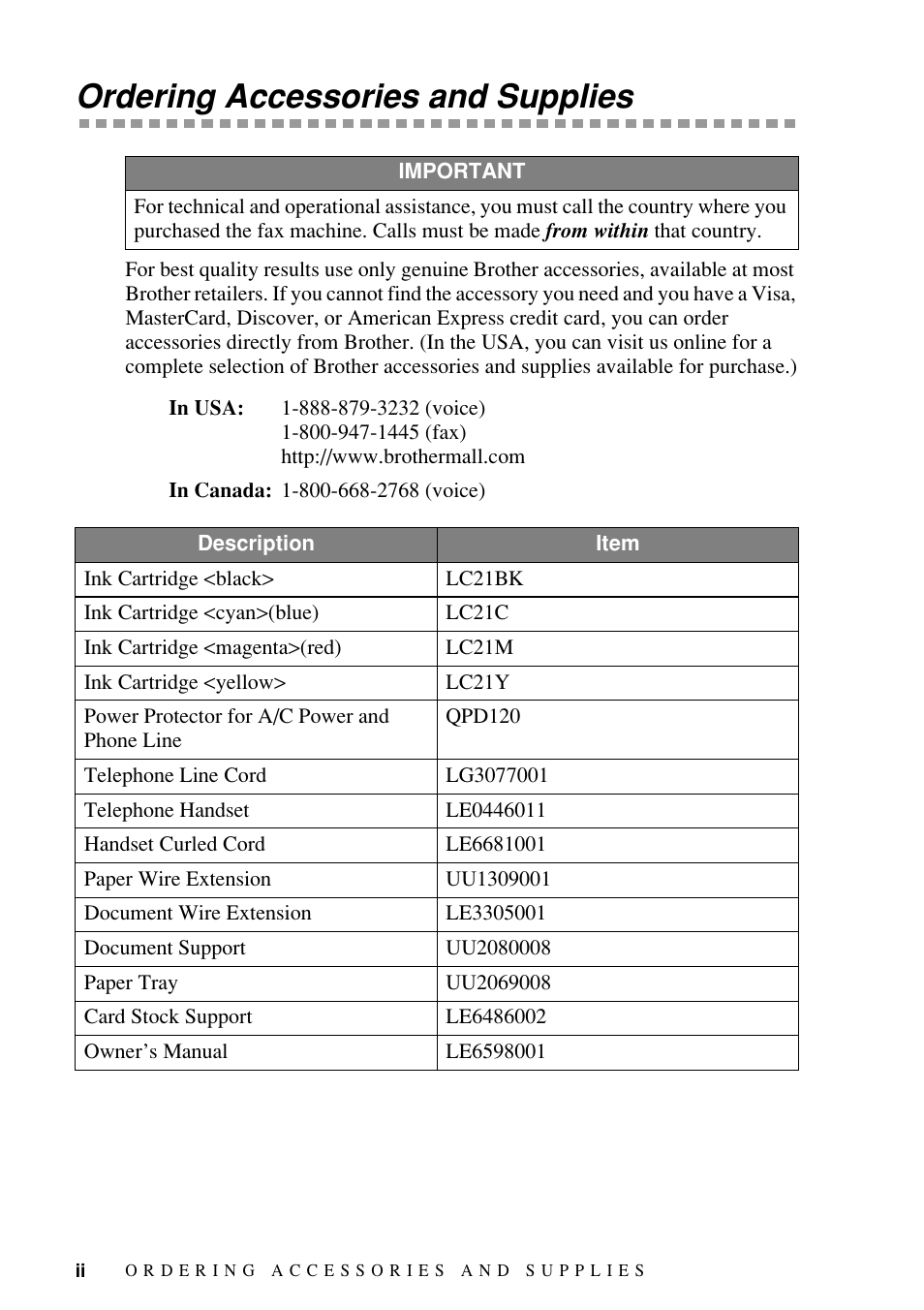 Ordering accessories and supplies | Brother FAX-1800C User Manual | Page 4 / 144