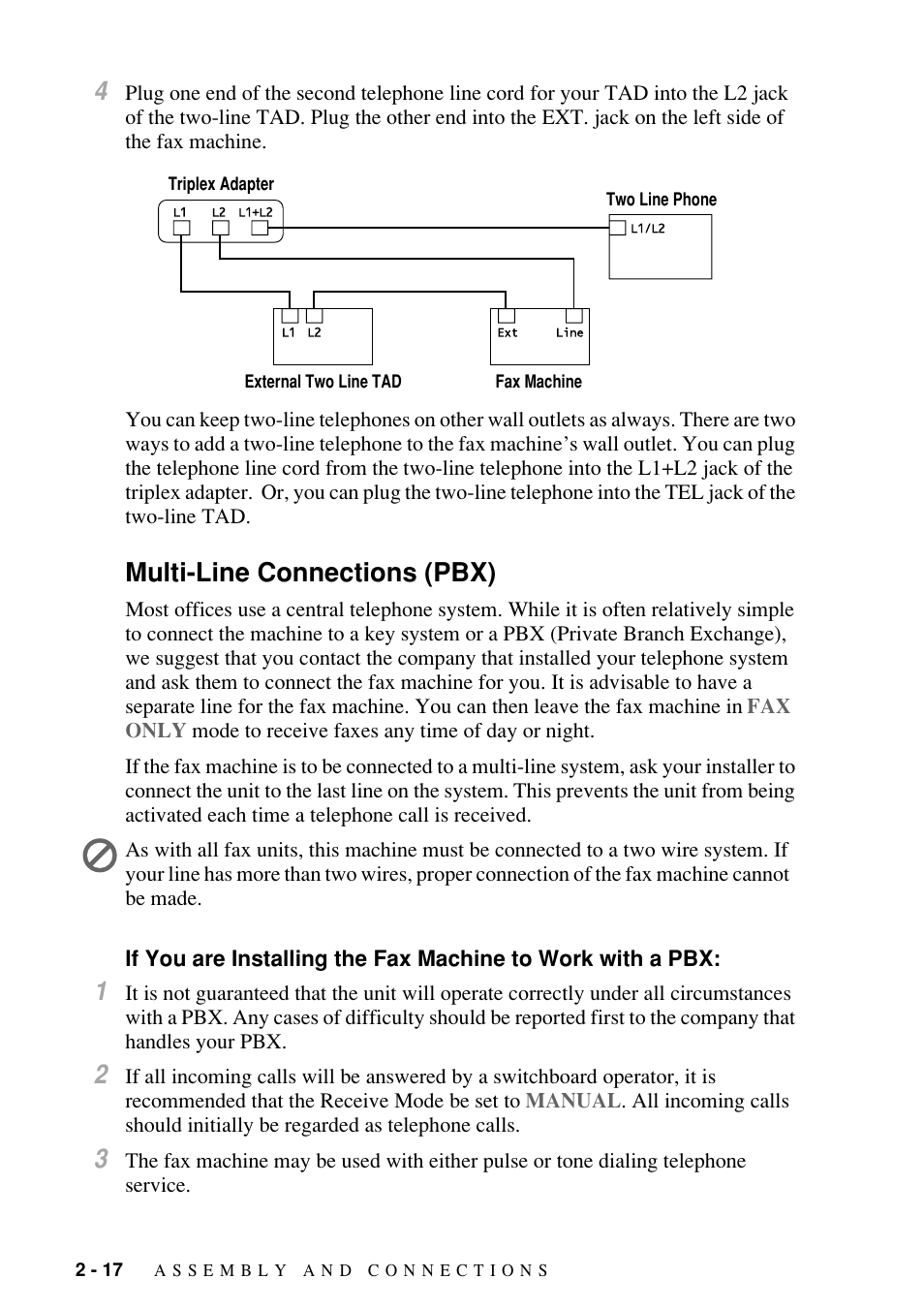 Multi-line connections (pbx), Multi-line connections (pbx) -17, If you are installing the fax machine to | Work with a pbx: -17 | Brother FAX-1800C User Manual | Page 40 / 144