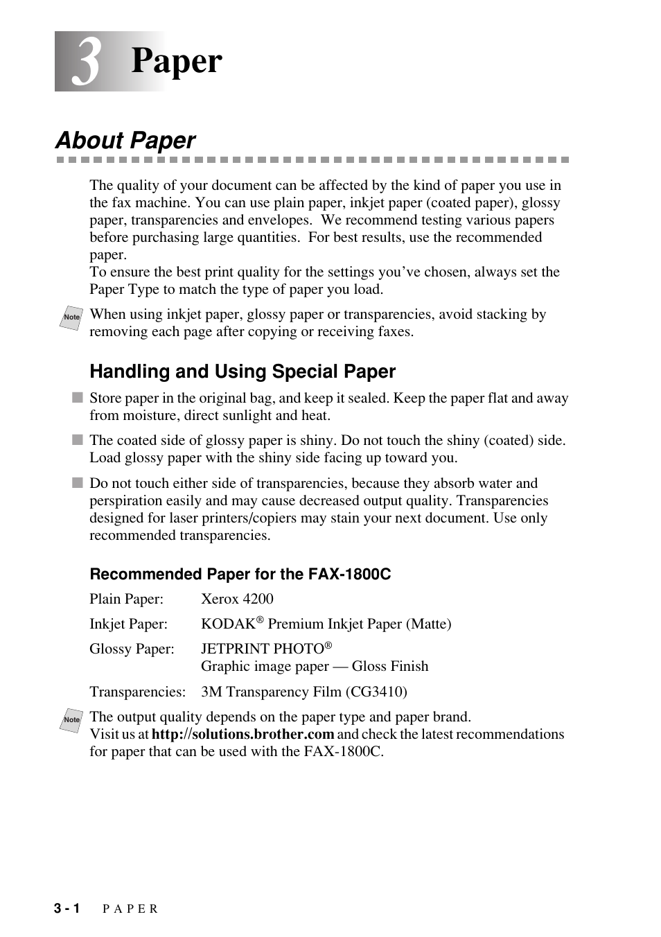 3 paper, About paper, Handling and using special paper | Recommended paper for the fax-1800c, Paper -1, About paper -1, Handling and using special paper -1, Recommended paper for the fax-1800c -1, Paper | Brother FAX-1800C User Manual | Page 42 / 144