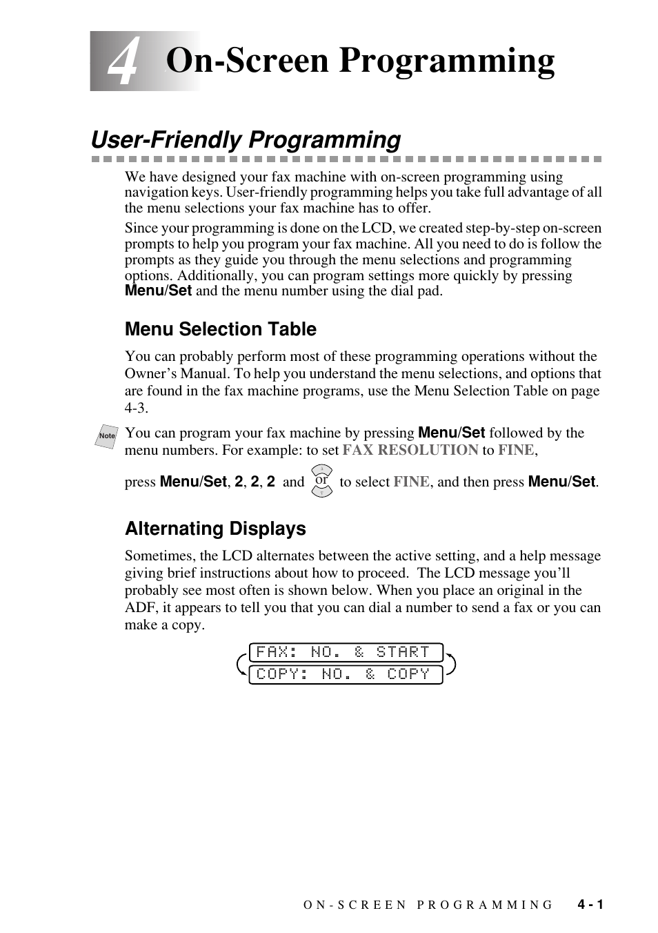 4 on-screen programming, User-friendly programming, Menu selection table | Alternating displays, On-screen programming -1, User-friendly programming -1, Menu selection table -1 alternating displays -1, On-screen programming | Brother FAX-1800C User Manual | Page 45 / 144