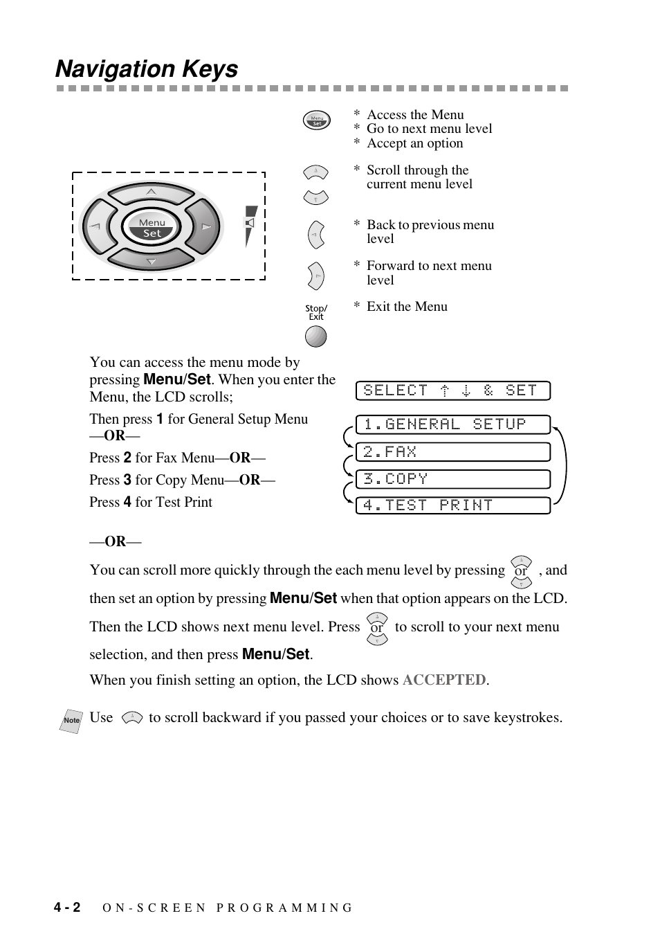 Navigation keys, Navigation keys -2 | Brother FAX-1800C User Manual | Page 46 / 144