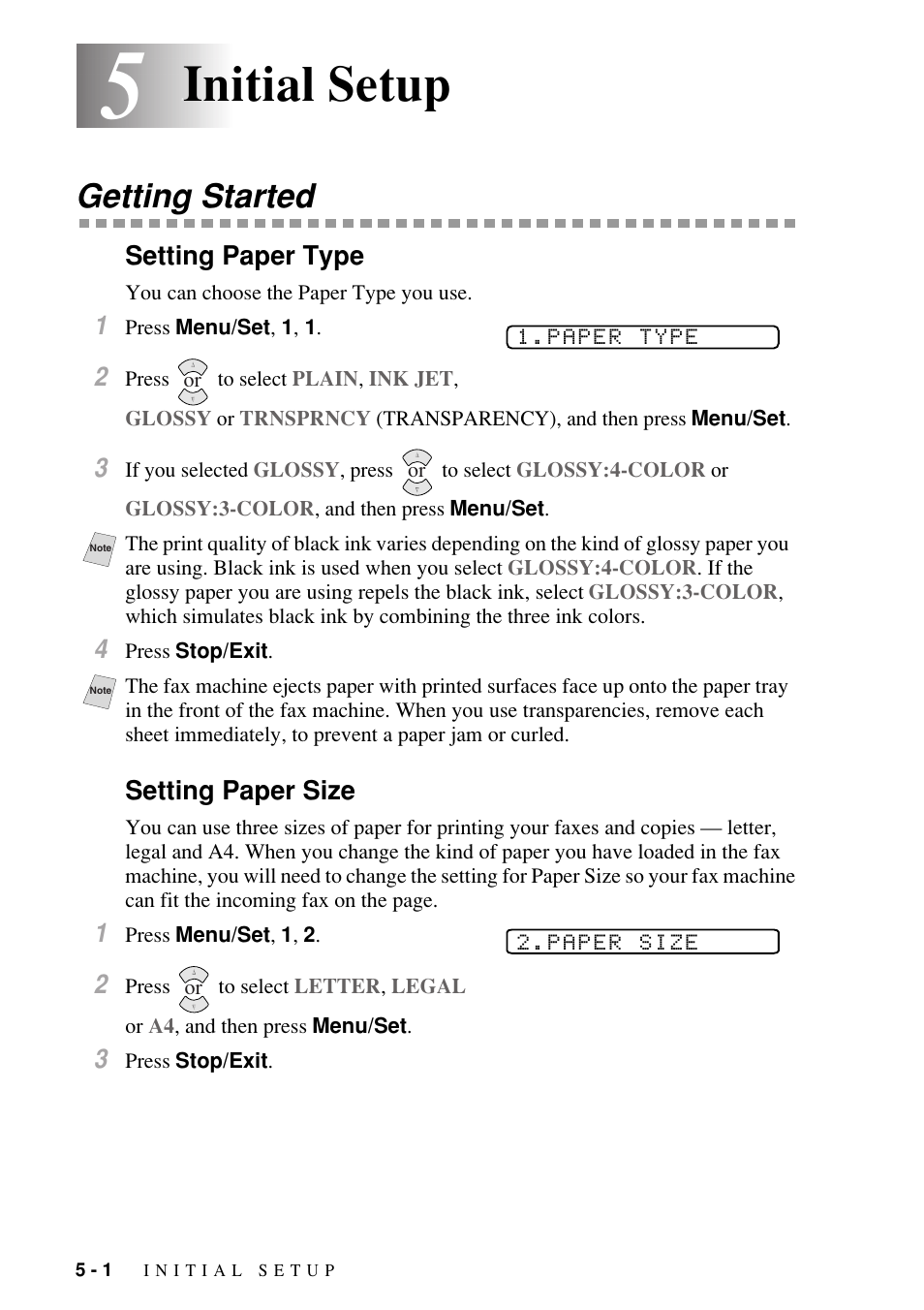 5 initial setup, Getting started, Setting paper type | Setting paper size, Initial setup -1, Getting started -1, Setting paper type -1 setting paper size -1, Initial setup | Brother FAX-1800C User Manual | Page 54 / 144
