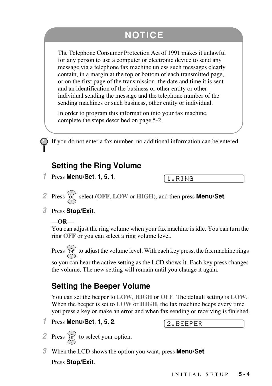 Setting the ring volume, Setting the beeper volume, N ot i c e | Setting the ring volume 1 | Brother FAX-1800C User Manual | Page 57 / 144