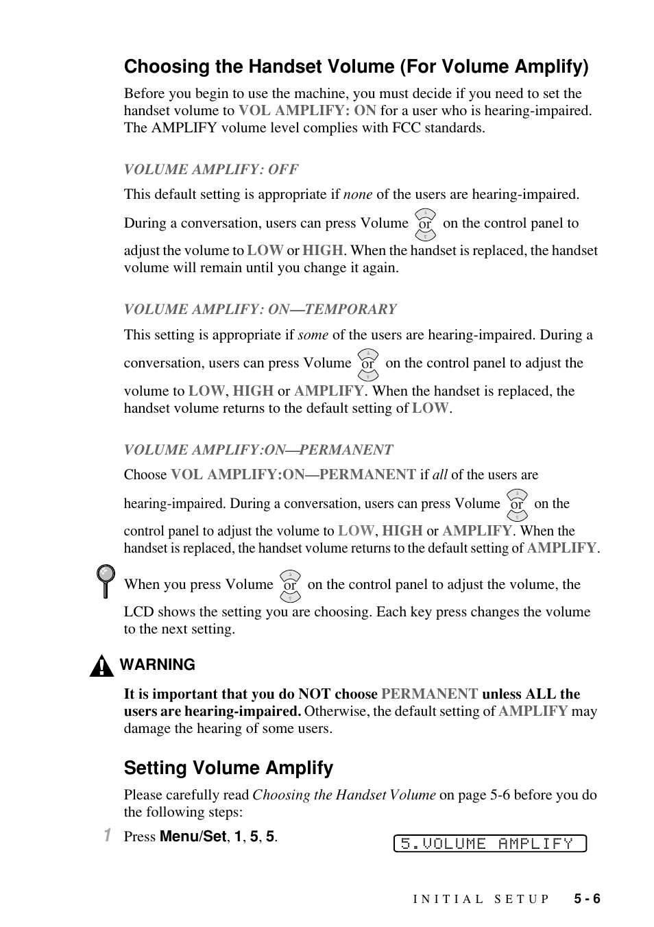 Choosing the handset volume (for volume amplify), Setting volume amplify | Brother FAX-1800C User Manual | Page 59 / 144