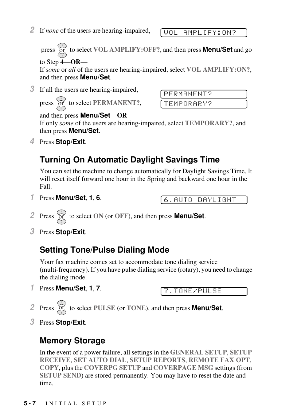 Turning on automatic daylight savings time, Setting tone/pulse dialing mode, Memory storage | Memory storage -7 | Brother FAX-1800C User Manual | Page 60 / 144