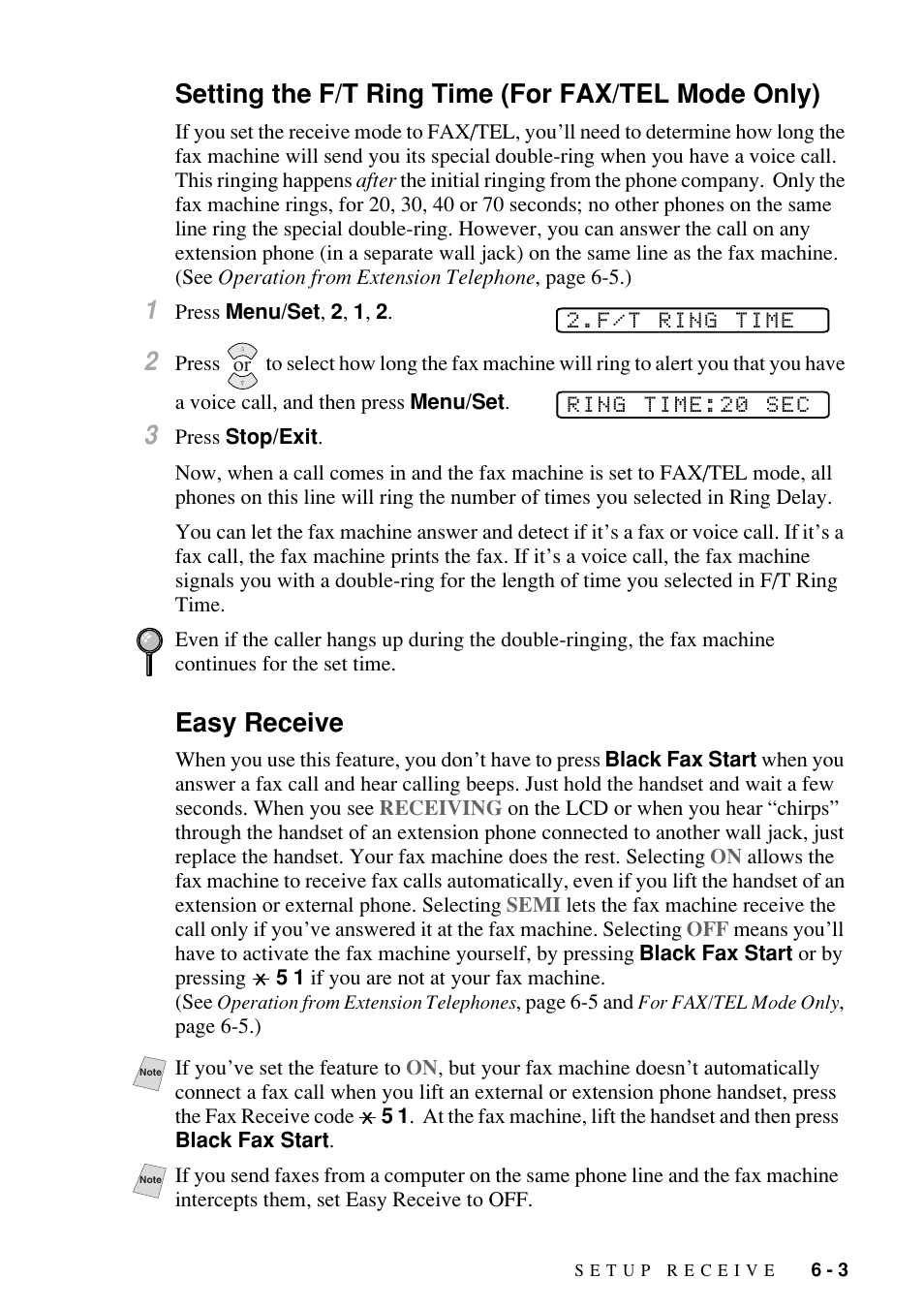 Setting the f/t ring time (for fax/tel mode only), Easy receive | Brother FAX-1800C User Manual | Page 63 / 144