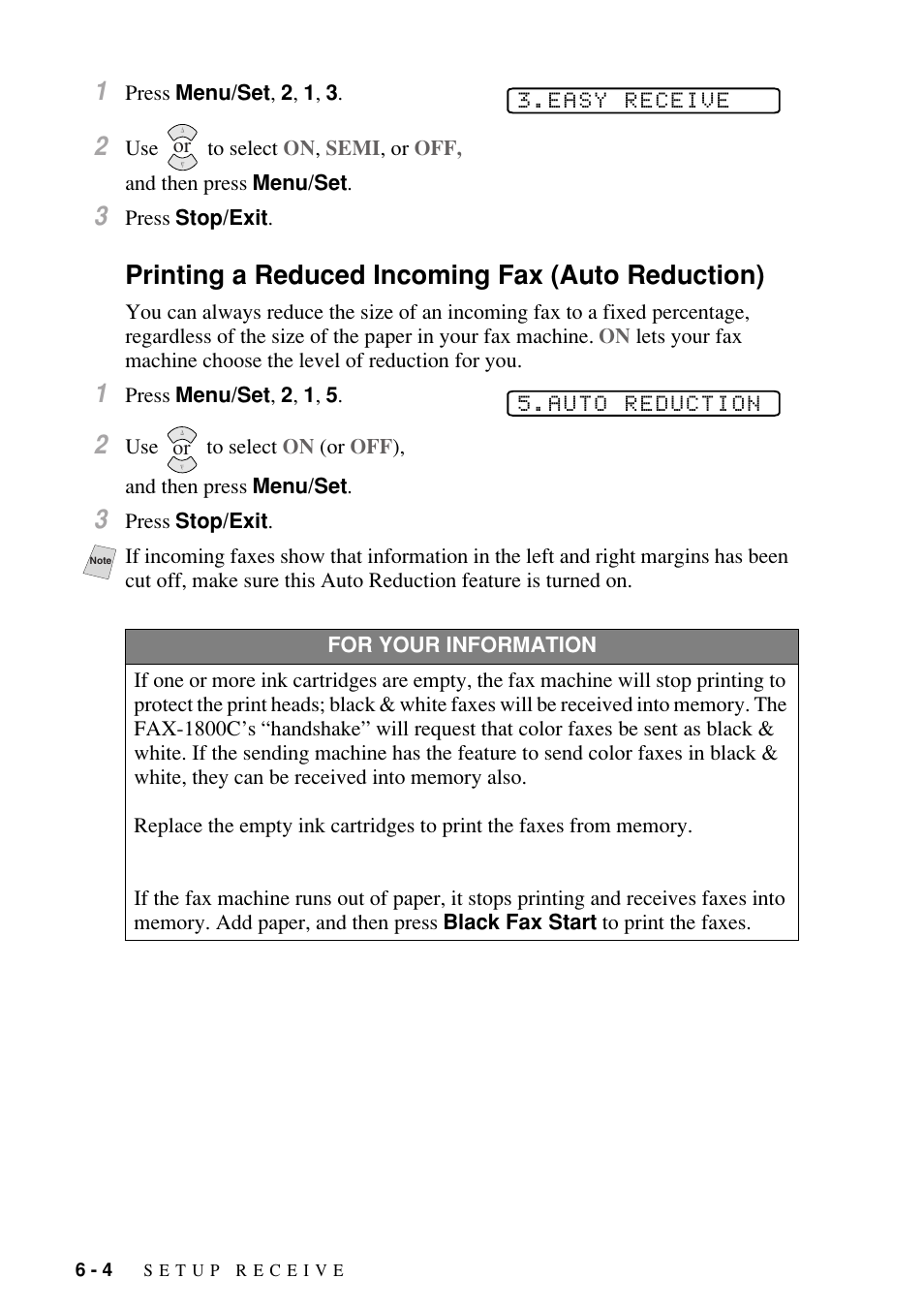 Printing a reduced incoming fax (auto reduction) | Brother FAX-1800C User Manual | Page 64 / 144