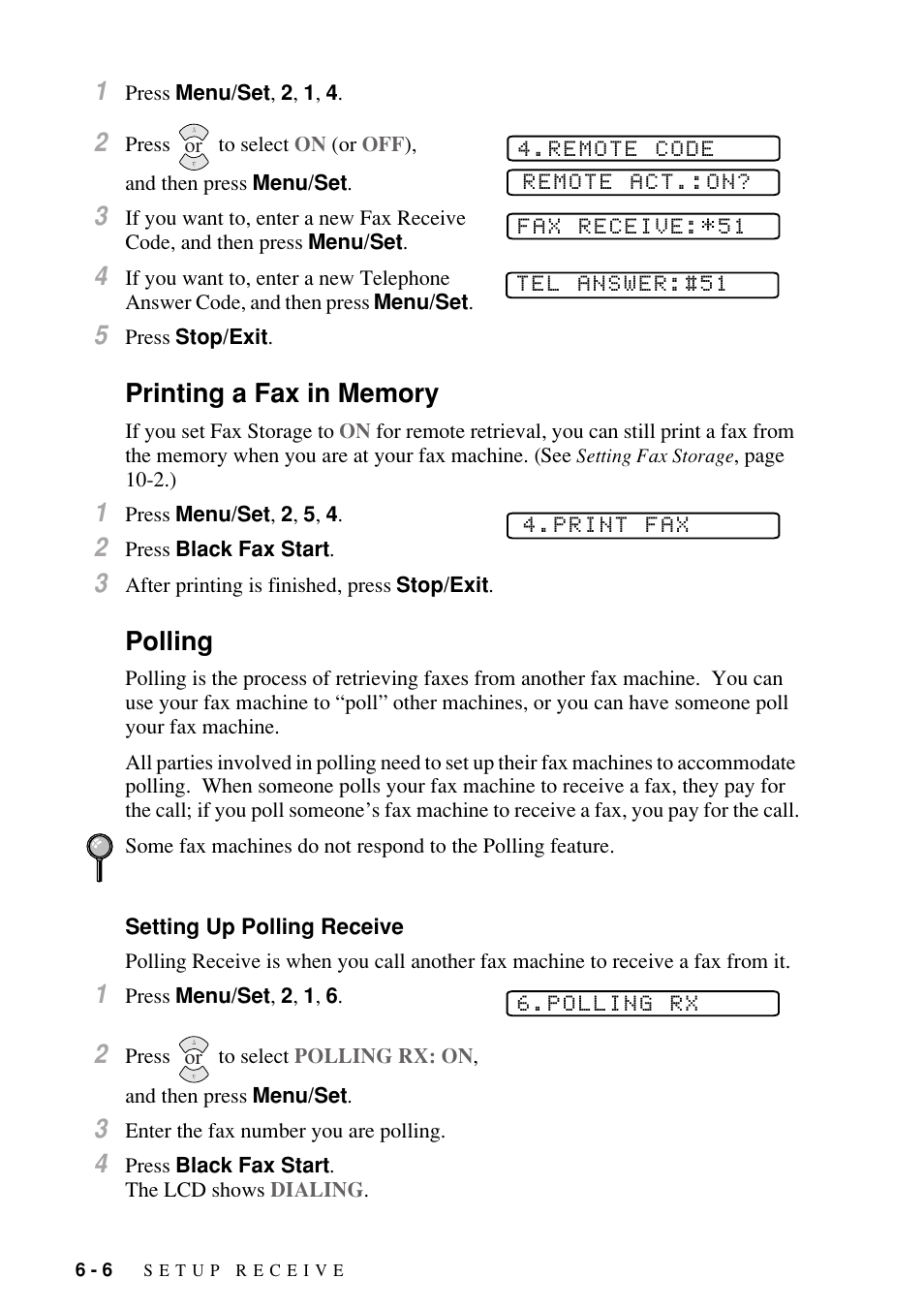 Printing a fax in memory, Polling, Setting up polling receive | Printing a fax in memory -6 polling -6, Setting up polling receive -6 | Brother FAX-1800C User Manual | Page 66 / 144