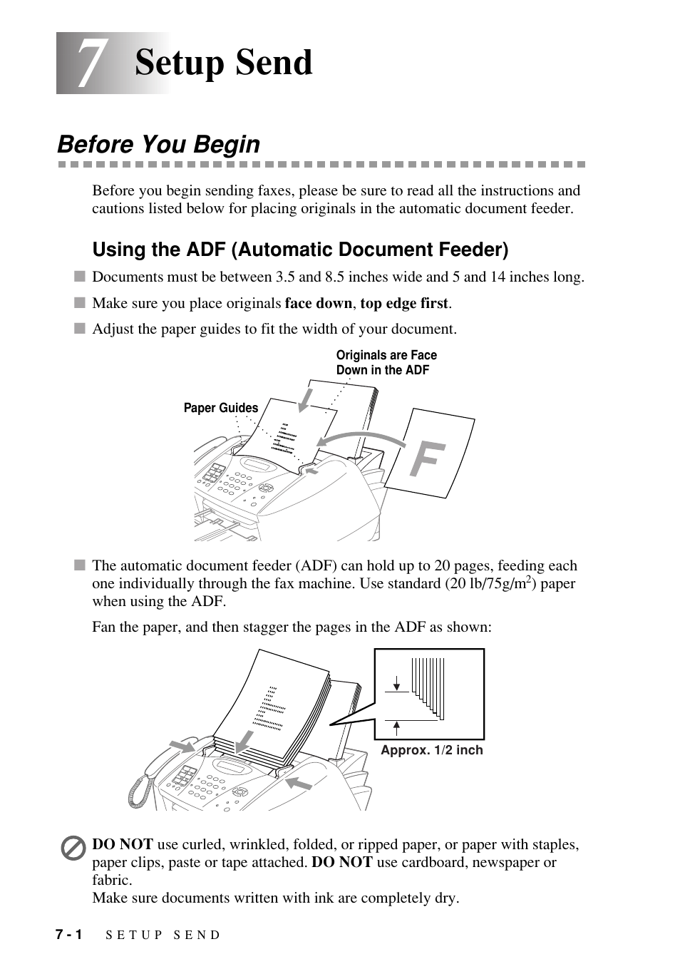 7 setup send, Before you begin, Using the adf (automatic document feeder) | Setup send -1, Before you begin -1, Using the adf (automatic document feeder) -1, Setup send | Brother FAX-1800C User Manual | Page 68 / 144