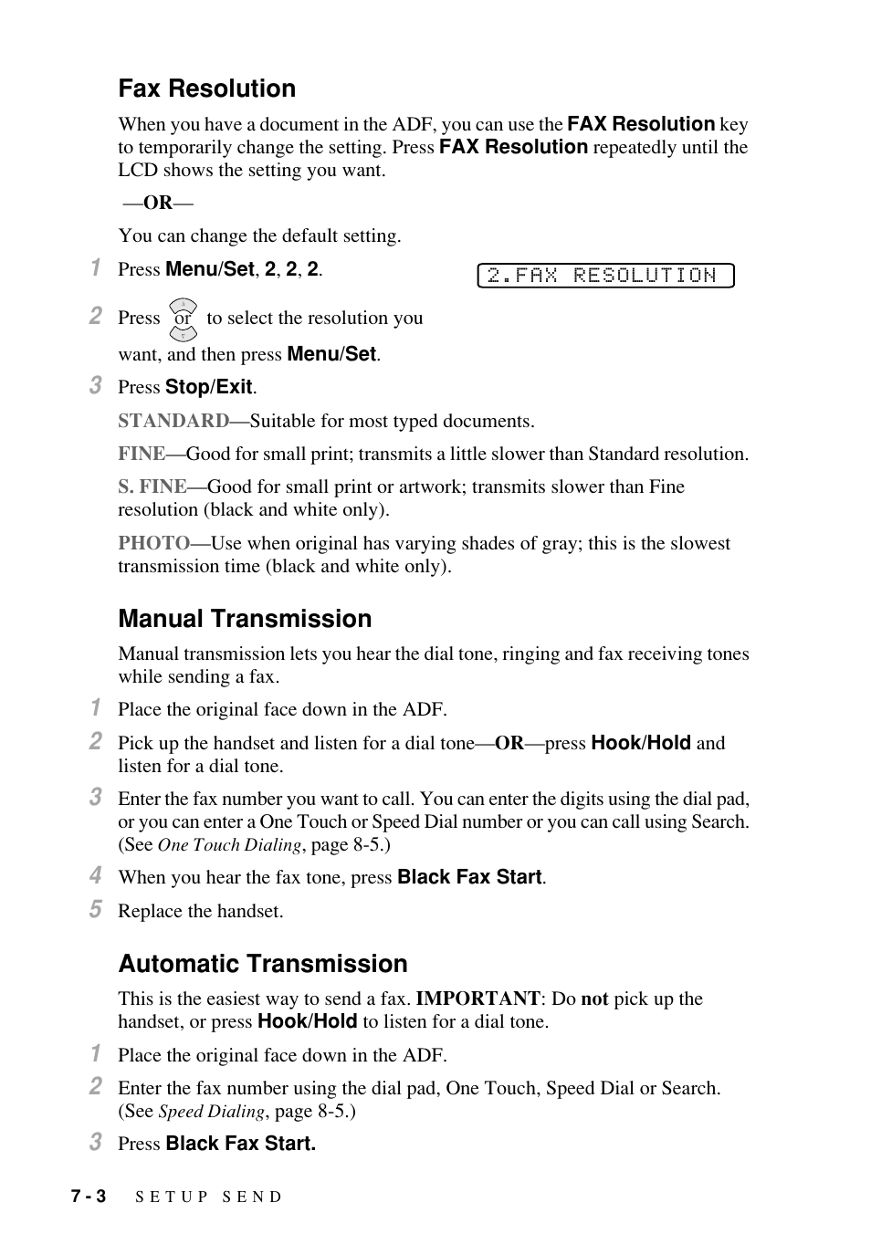 Fax resolution, Manual transmission, Automatic transmission | Brother FAX-1800C User Manual | Page 70 / 144